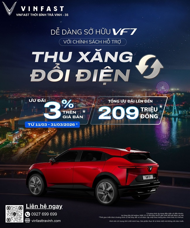 Thu Xăng Đổi Điện VinFast Tháng 3/2026 Tại Trà Vinh: Ưu Đãi Thêm 3% + Siêu Tiết Kiệm!