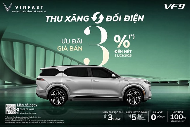 Thu Xăng Đổi Điện VinFast Tháng 3/2026 Tại Trà Vinh: Ưu Đãi Thêm 3% + Siêu Tiết Kiệm!